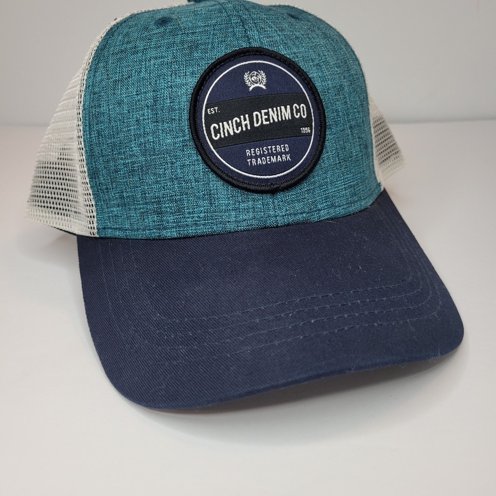 Cinch Trucker Hat Mens OSFM Blue Teal Excellent Logo Patch Snapback Mesh Cap